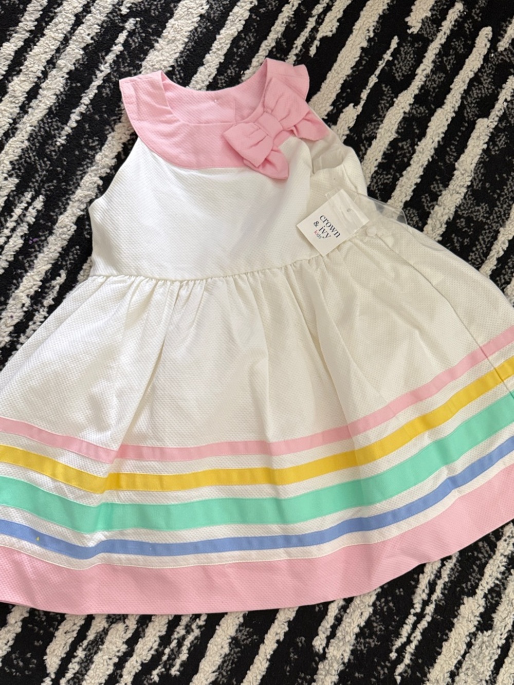 crown & ivy White Dress with Pink Collar and Pastel Stripe Hem